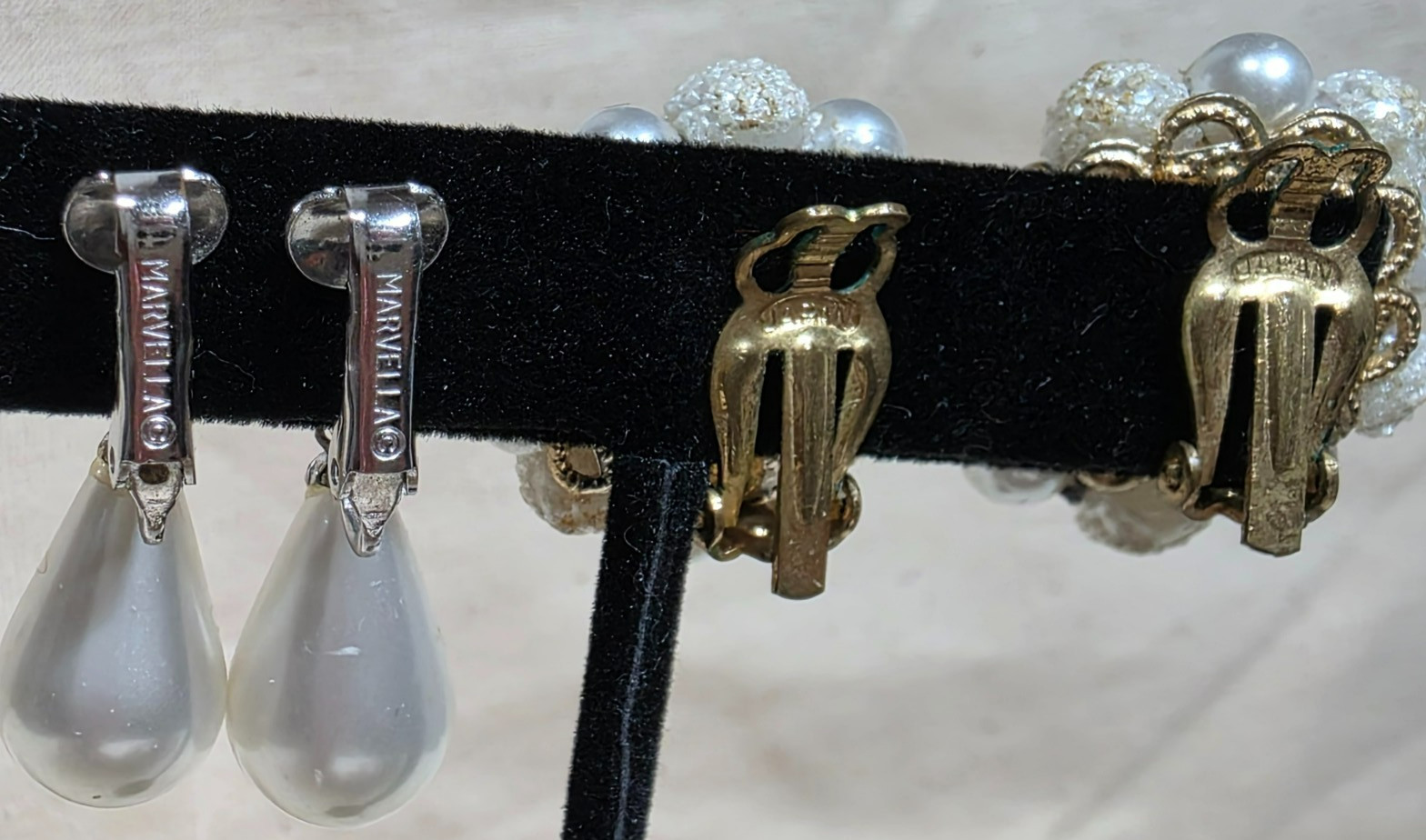 Vintage Clip-on Earrings Two Pair Faux Pearl Marked