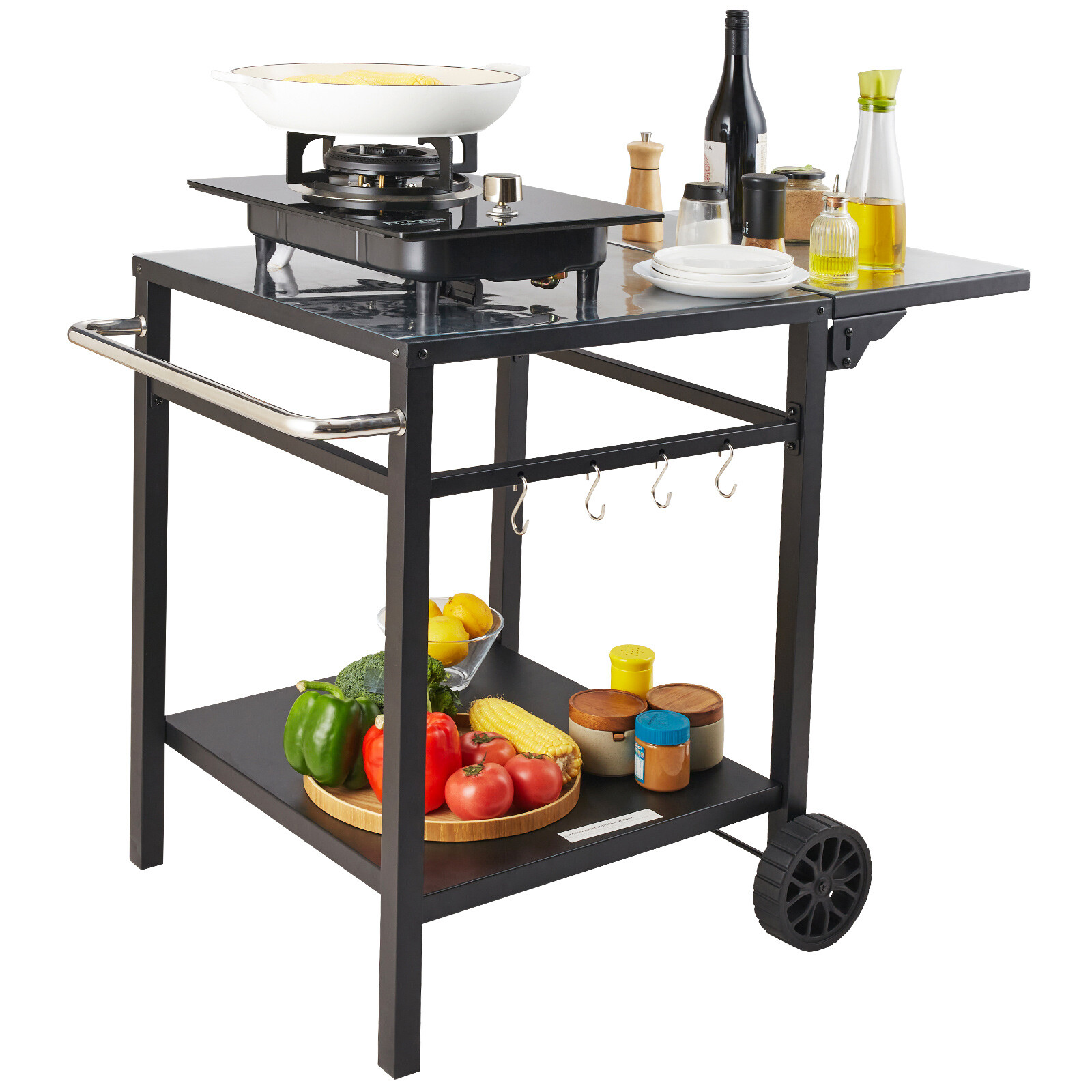 Outdoor Grill Dining Cart Double-Shelf BBQ Movable Food Prep Trolley Patio
