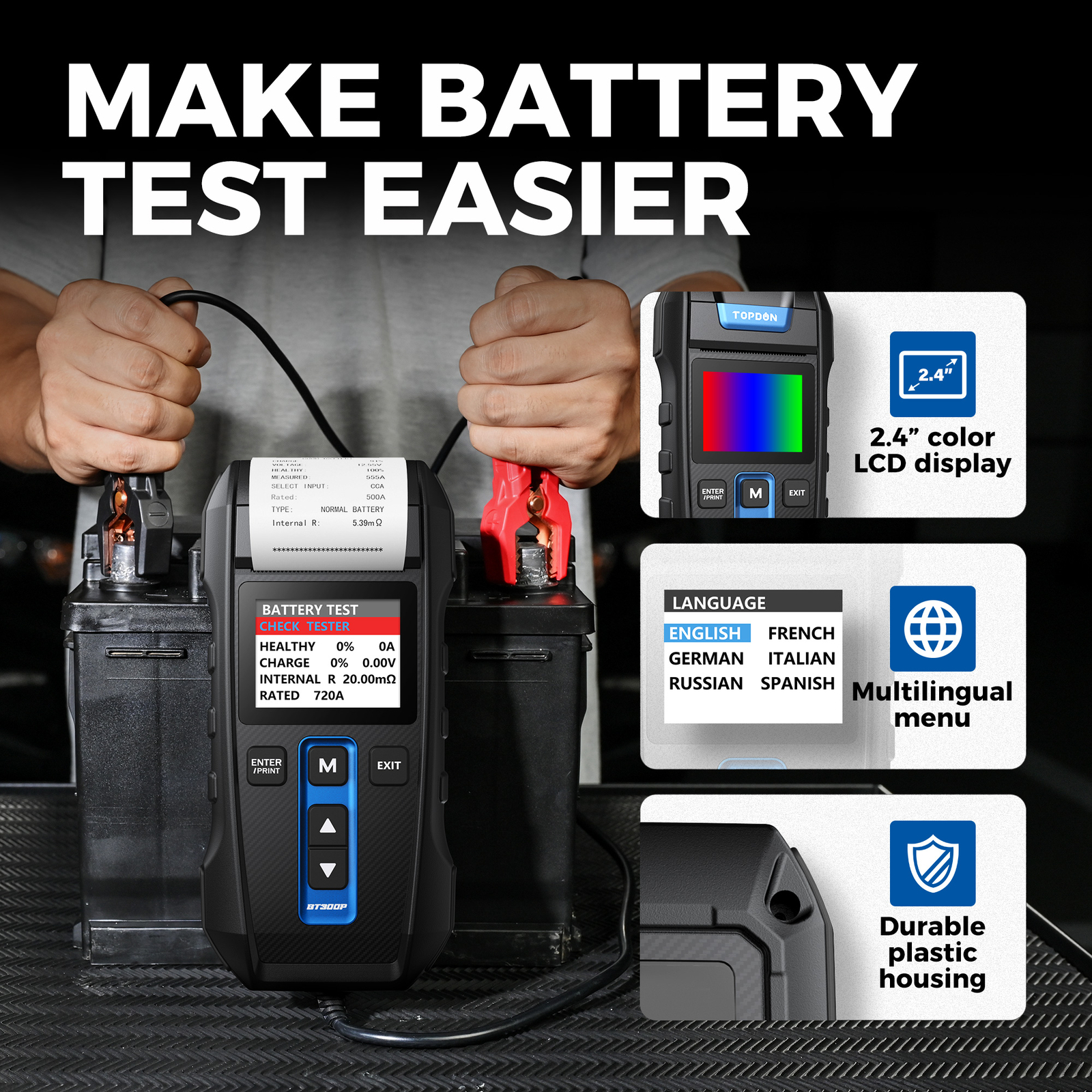 🥇TOPDON BT300P 24V 12V Heavy Duty Truck Battery Tester Cranking &Charging Tests