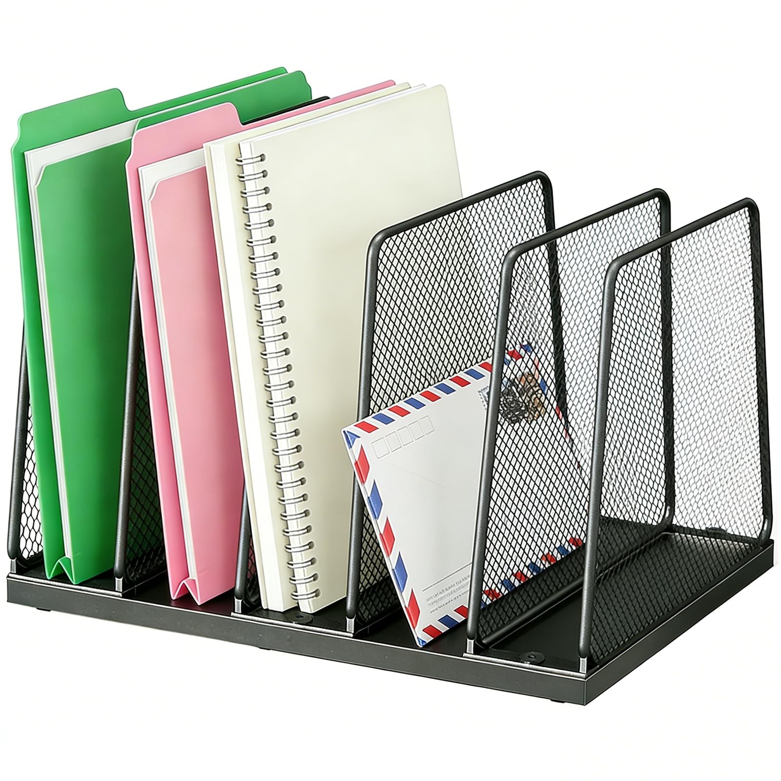 Black 5Section Wood Mesh Desktop File Sorter Organizer Vertical Storage Rack