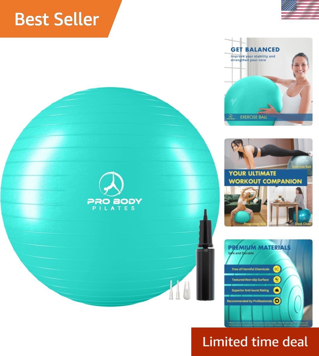 65cm Turquoise Exercise Ball - Heavy-Duty Stability Ball for Home & Office Use
