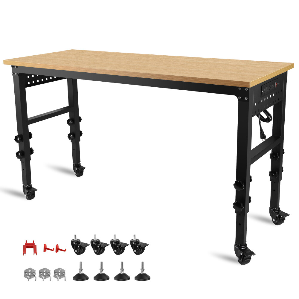 Rolling Heavy-Duty Adjustable Workbench with Power Outlet and Wheels