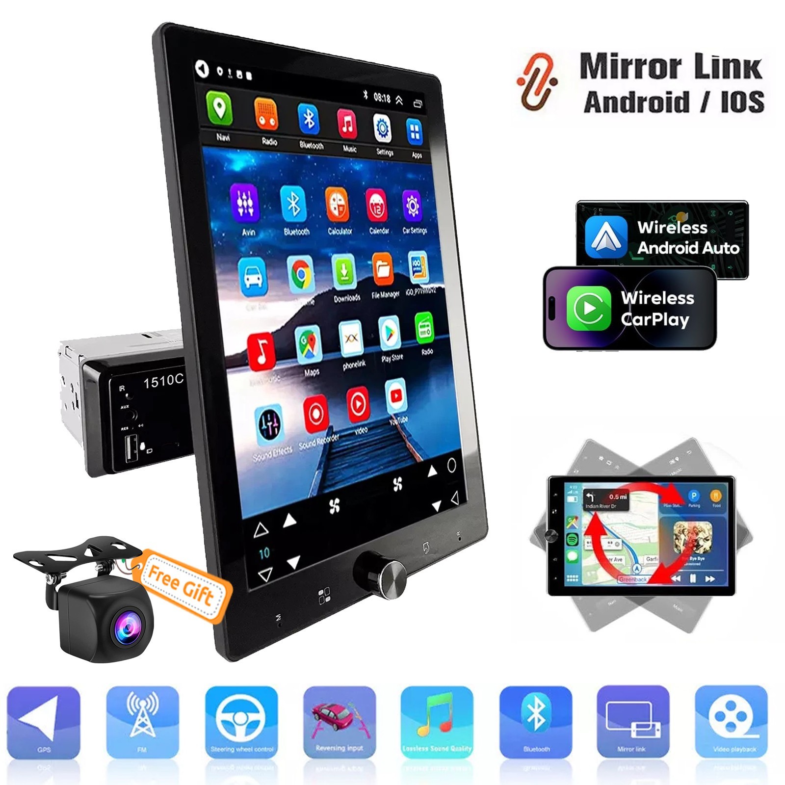 10.4" 1 DIN Touch Screen Car Stereo BT Radio Apple Carplay Android Auto w/ Cam