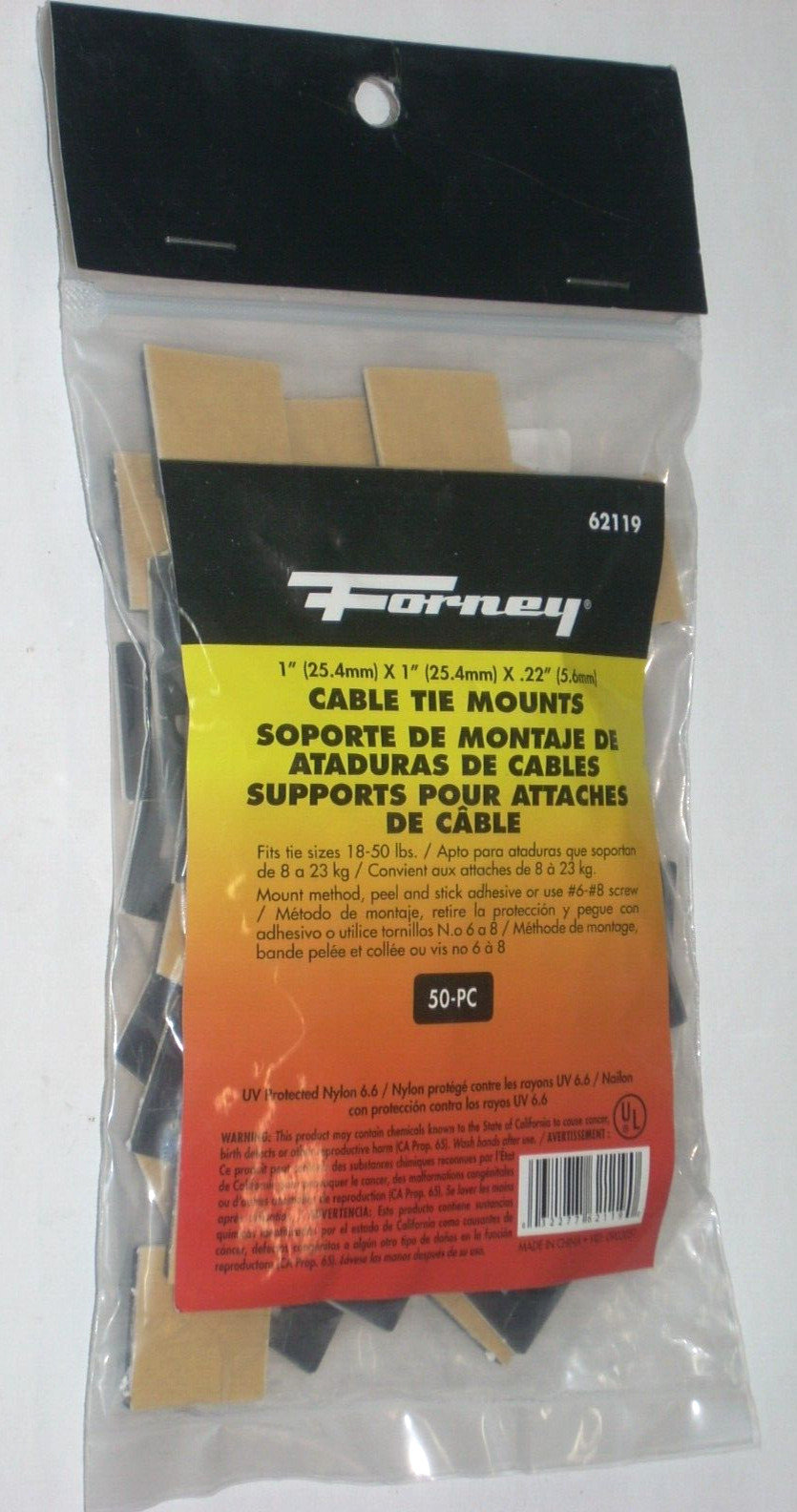Forney 62119 Black Cable Tie Mounts 1 x 1 in Square Nylon Holds 18-50 lbs 50 pk