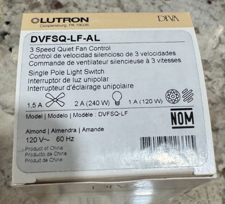 Lutron Diva 3-Speed Rocker Fan Control and Light Switch, Almond (DVFSQ-LF-AL)