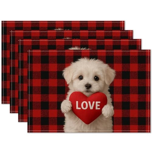 Valentine Placemats Set of 4 12x18 inch Red Buffalo Plaid Puppy Table Color*40