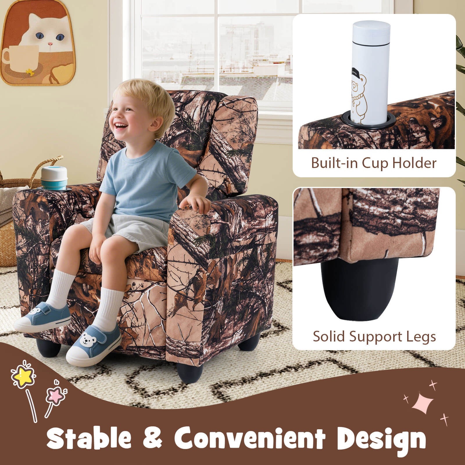 Kids Recliner with Cup Holder w/Adjustable Backrest & Footrest for Boys & Girls