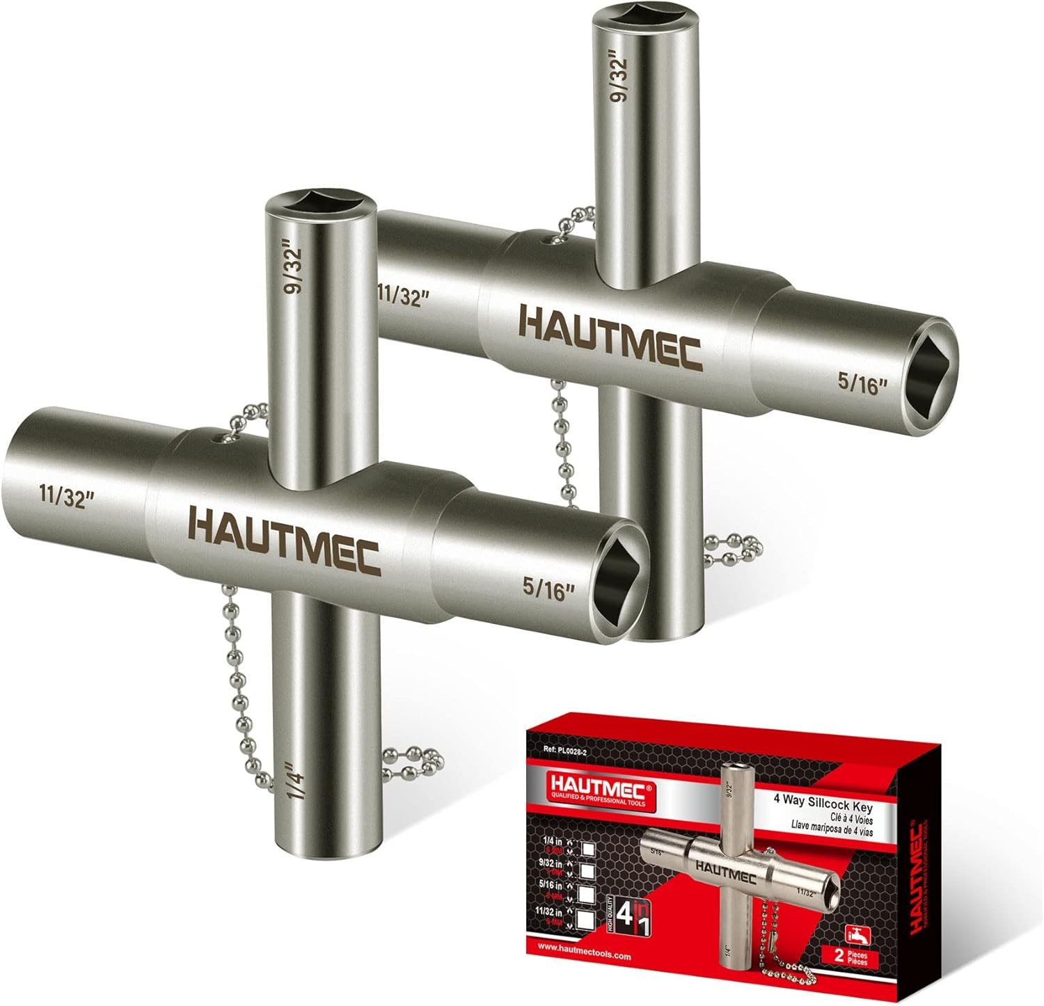 HAUTMEC 4 Way Sillcock Water Key Set - 2 Pack, 1/4", 9/32", 5/16", 11/32" Multi-