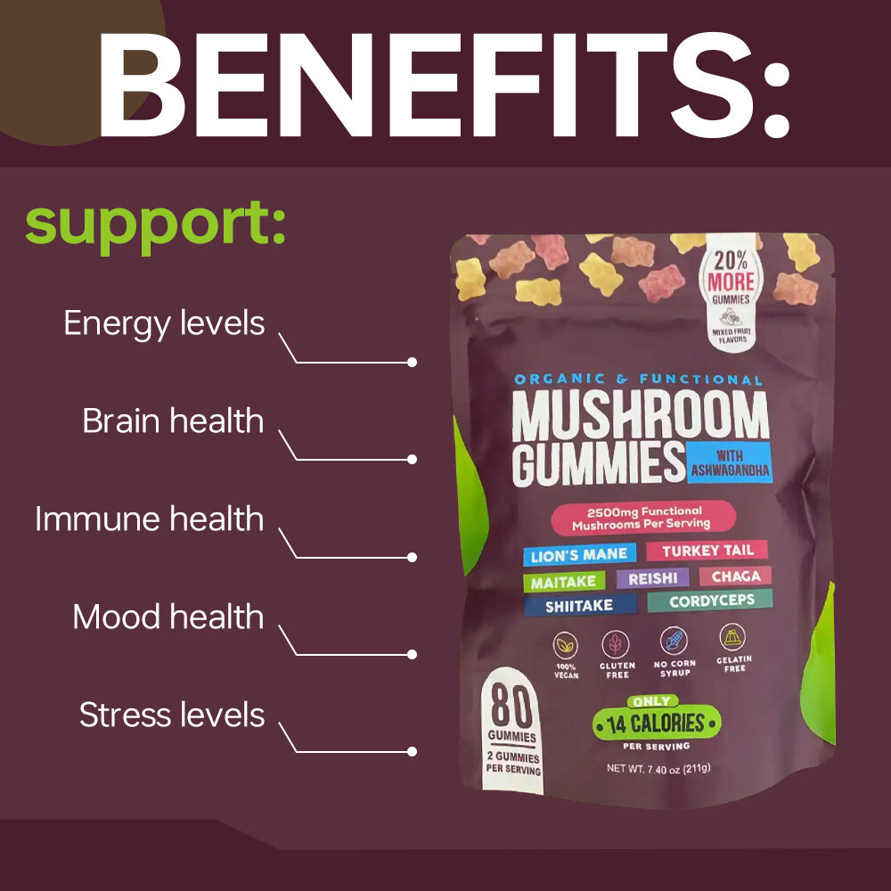 Functional Mushroom Gummies, 2500mg w/Ashwagandha Shiit Blend for Focus Immunity