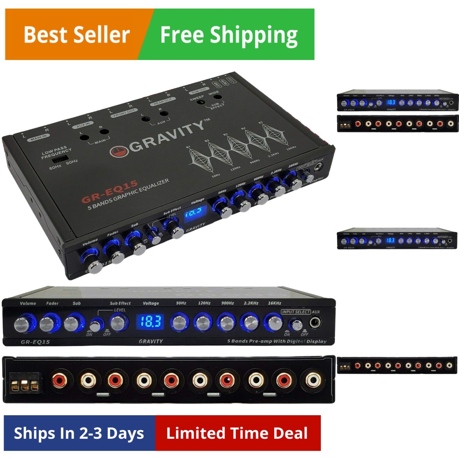 EQ15 1/2 Din Five Equalization Bands Car Audio Equalizer EQ Front, Rear +Mast...