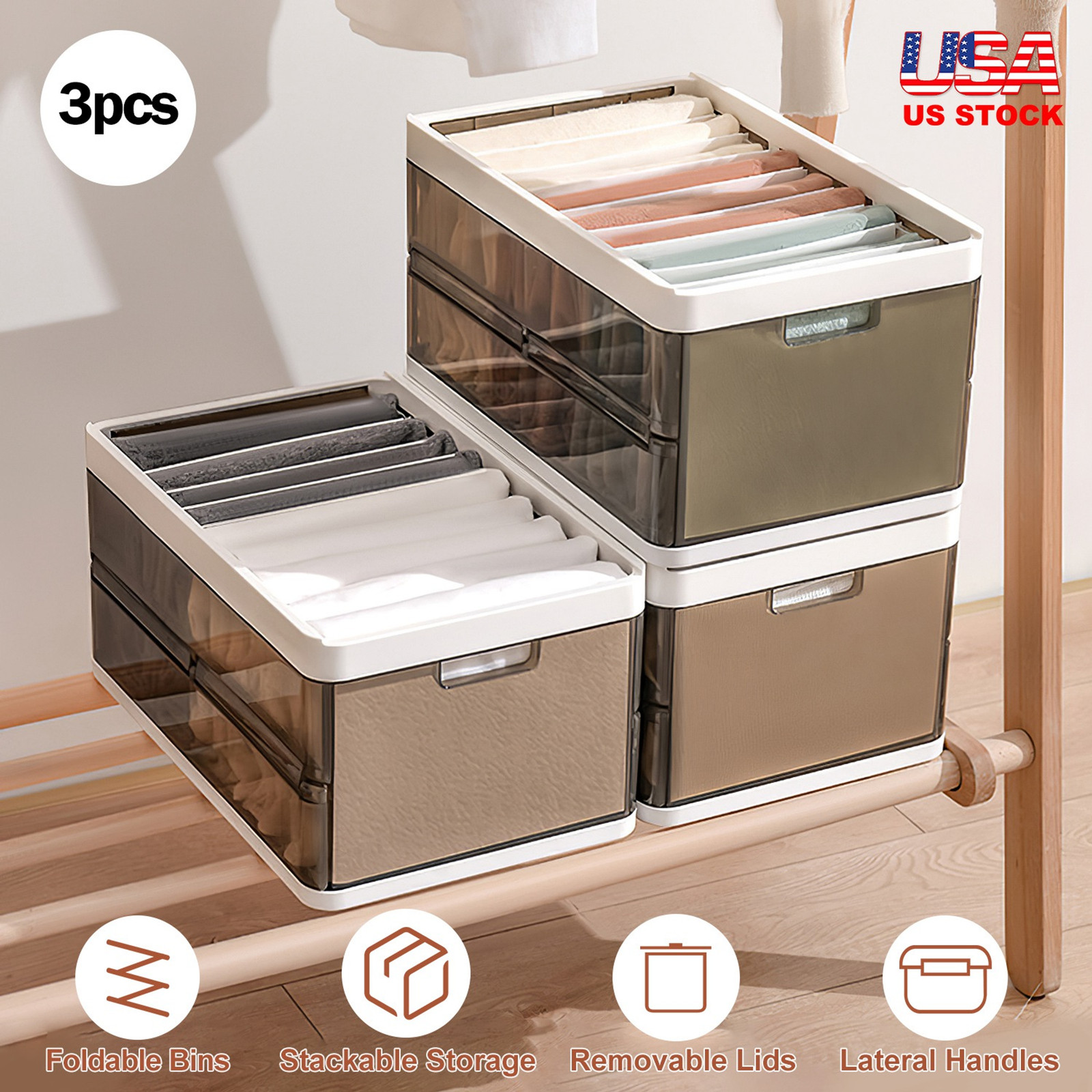 Foldable Storage Bins 3 Pack Collapsible Fabric Organizer Basket with Handles