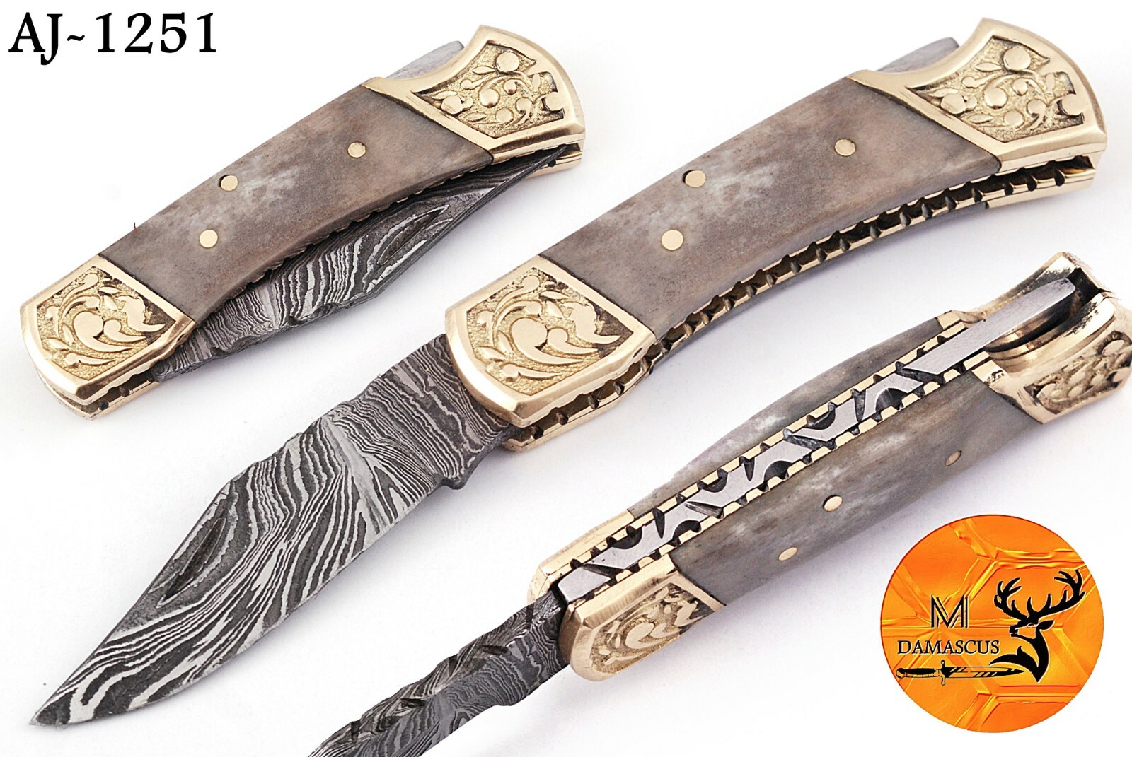 CUSTOM HANDMADE DAMASCUS STEEL FOLDING POCKET KNIFE W/ CAMEL BONE HANDLE 1251