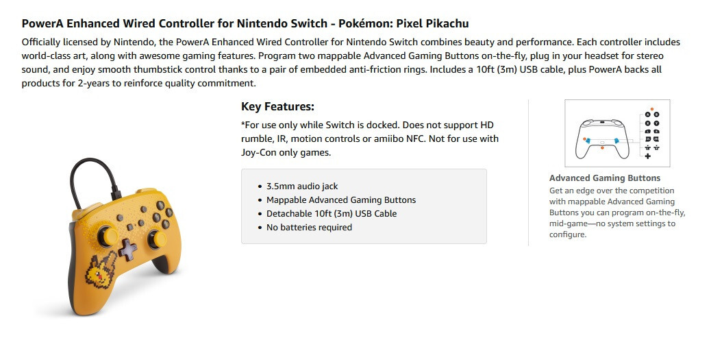 PowerA *OFFICIAL* Enhanced Wired Controller *PIXEL PIKACHU EDITION* (Switch) New