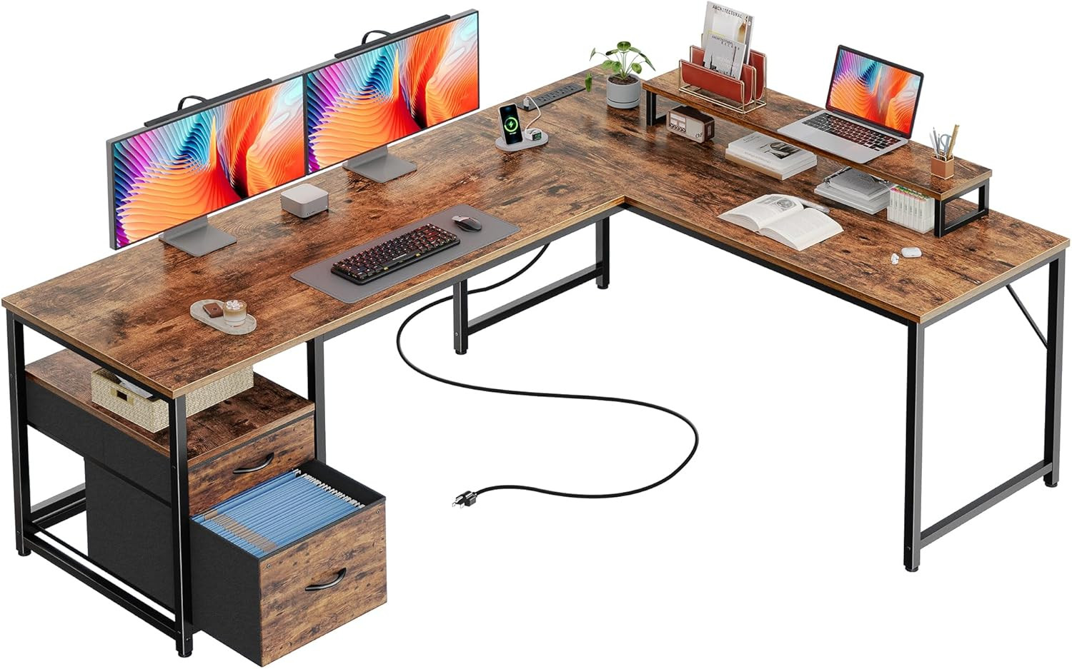 63 Inch L Shaped Desk with Power Outlets and USB-C Port, Computer Corner Home Of