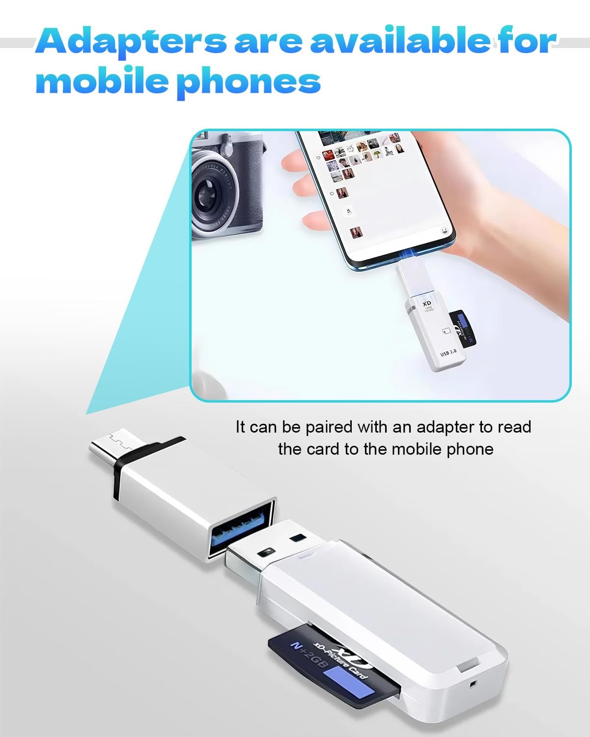 USB2.0 128GB XD Memory Card Reader Picture Adapter 1PC White, white