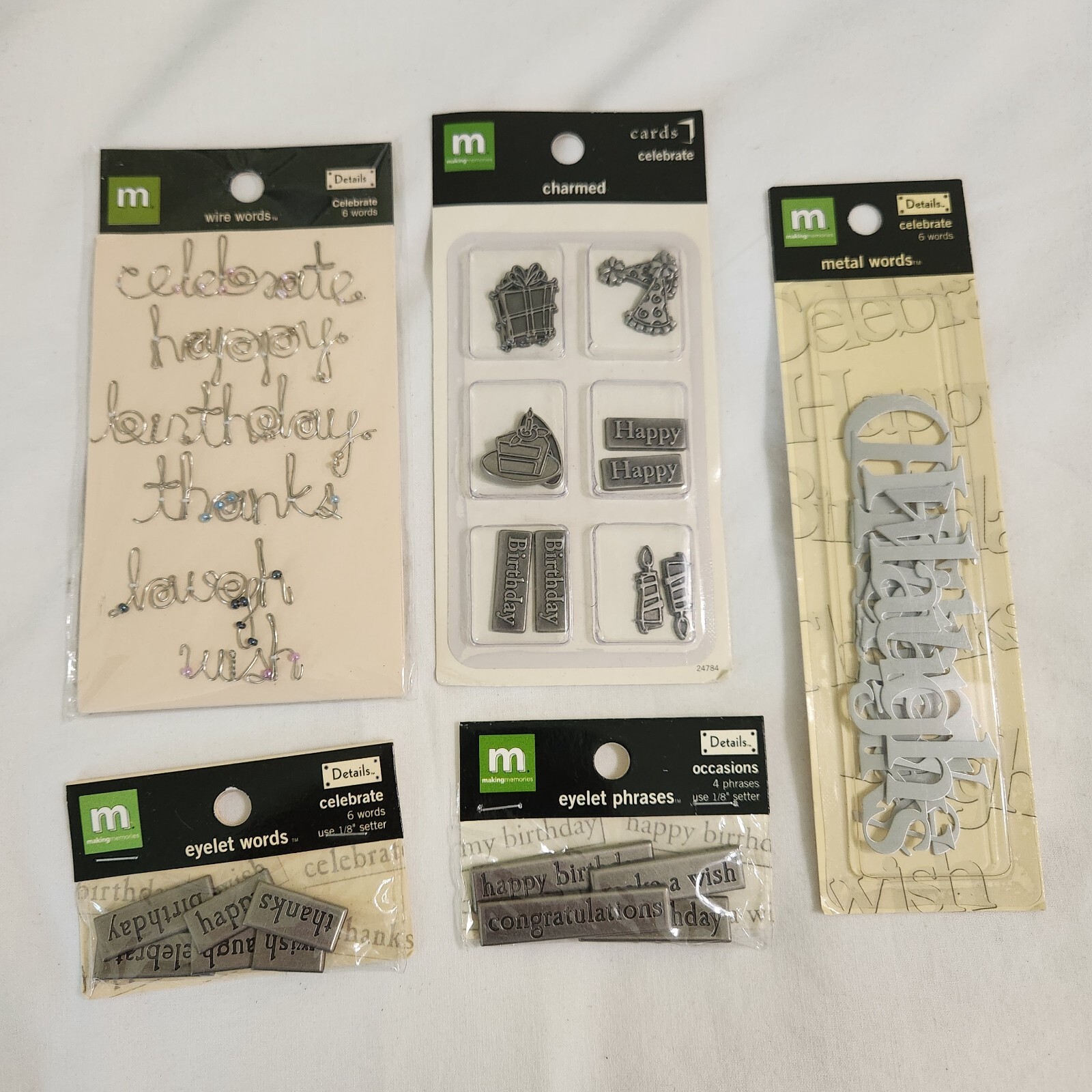 NEW Lot Making Memories Metal Words Charms Eyelet Phrases BIRTHDAY-A