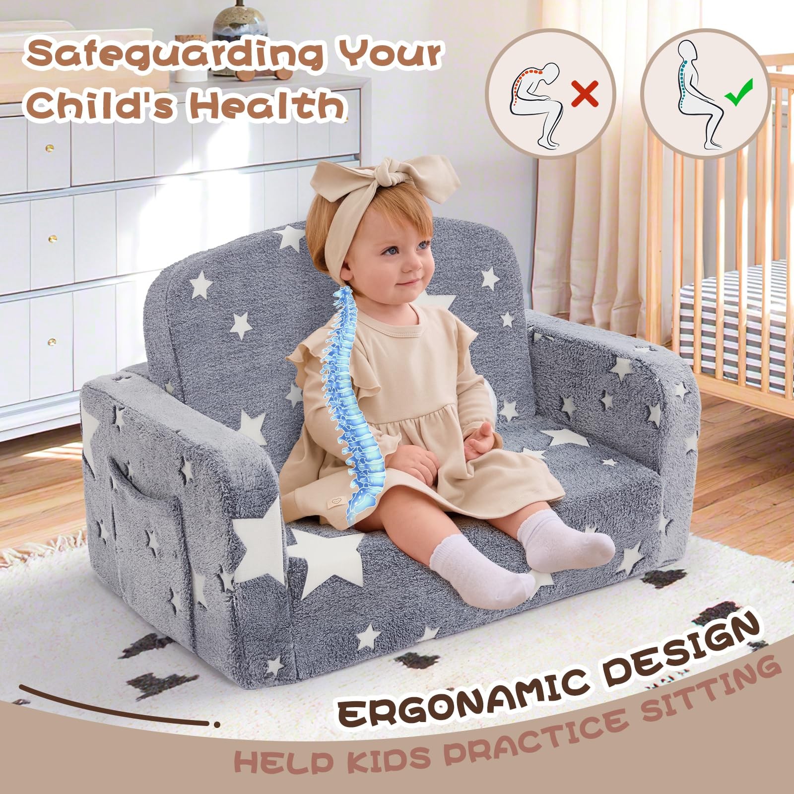 Foryoomi Extra Wide Kids Couch, 2-in-1 Soft Couch with Blanket, Glow in The D...
