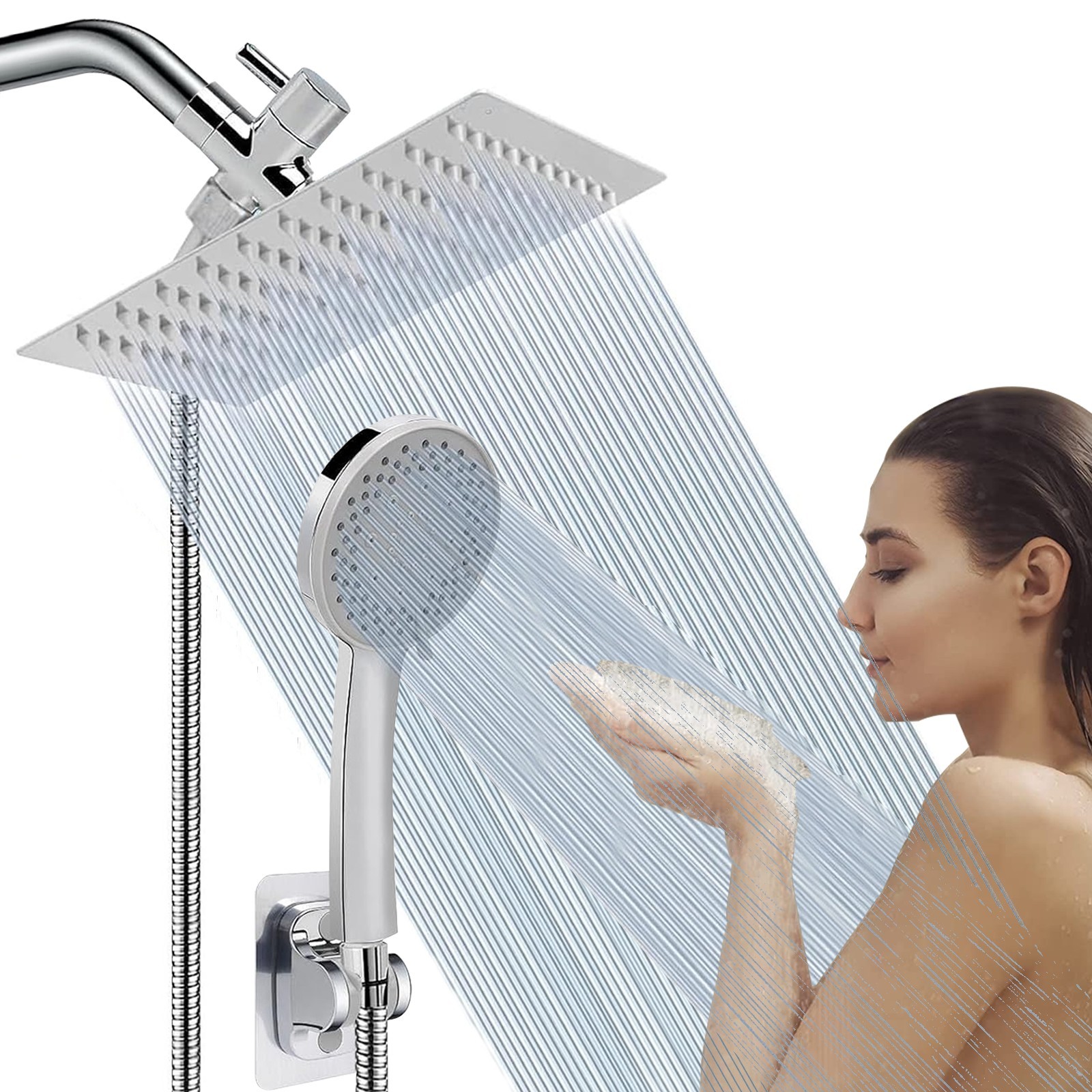 Chrome 8inch Rain Shower Head with Handheld Spray High Pressure Showerhead Combo