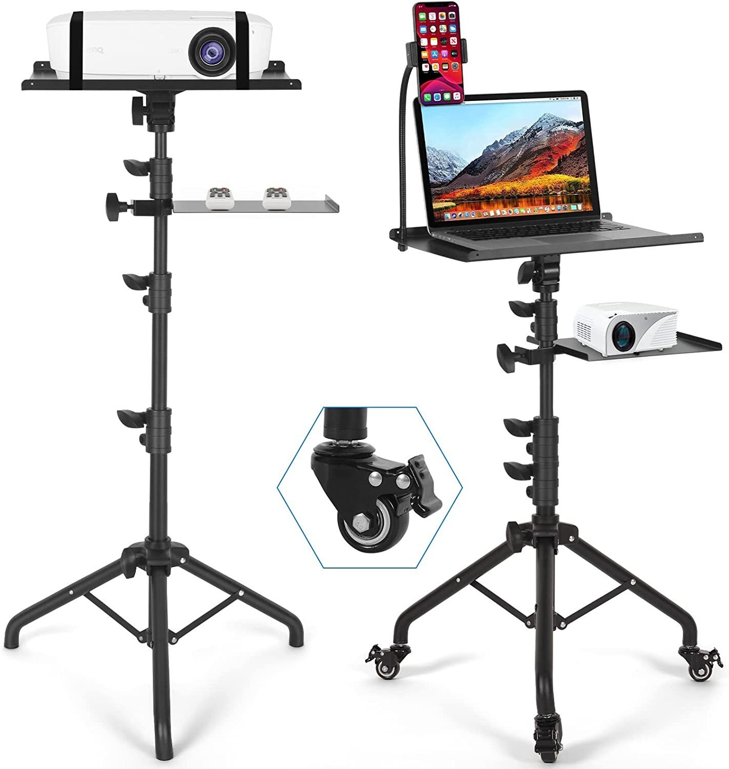 Laptop Tripod on Wheels with 2 Shelves,Portable Projector Floor Stand Adjustable