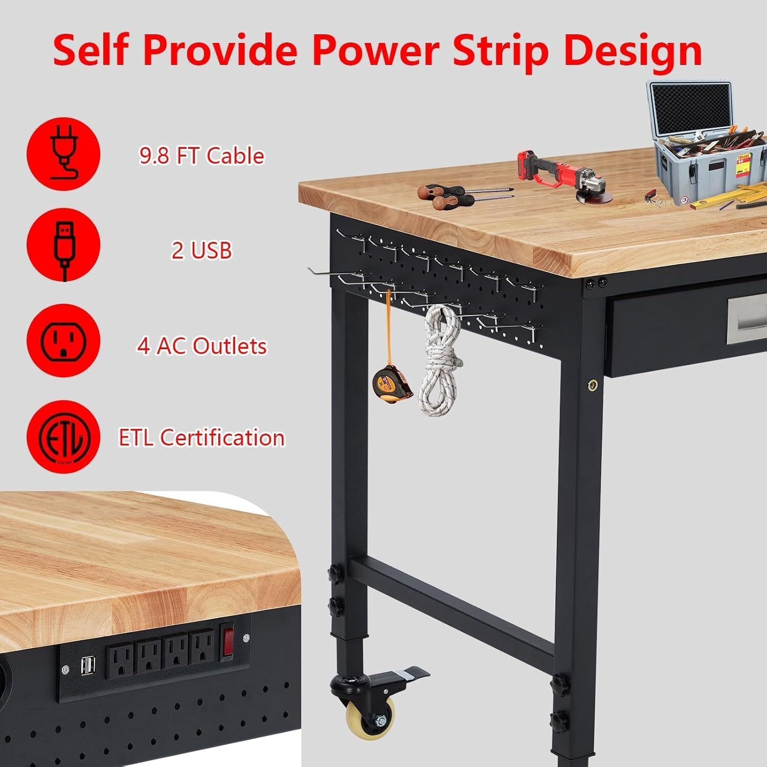 Adjustable Height Workbench 48" x 24", Solid Rubber Wood Top, Sturdy Metal Frame