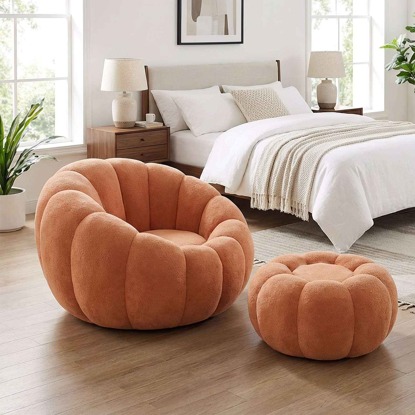 Pumpkin Shape Lounge Chair & Footstool - Brown