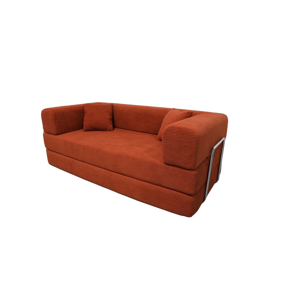 Sleeper Sofa Bed 2-Seater Convertible Couch Corduroy Foam Orange