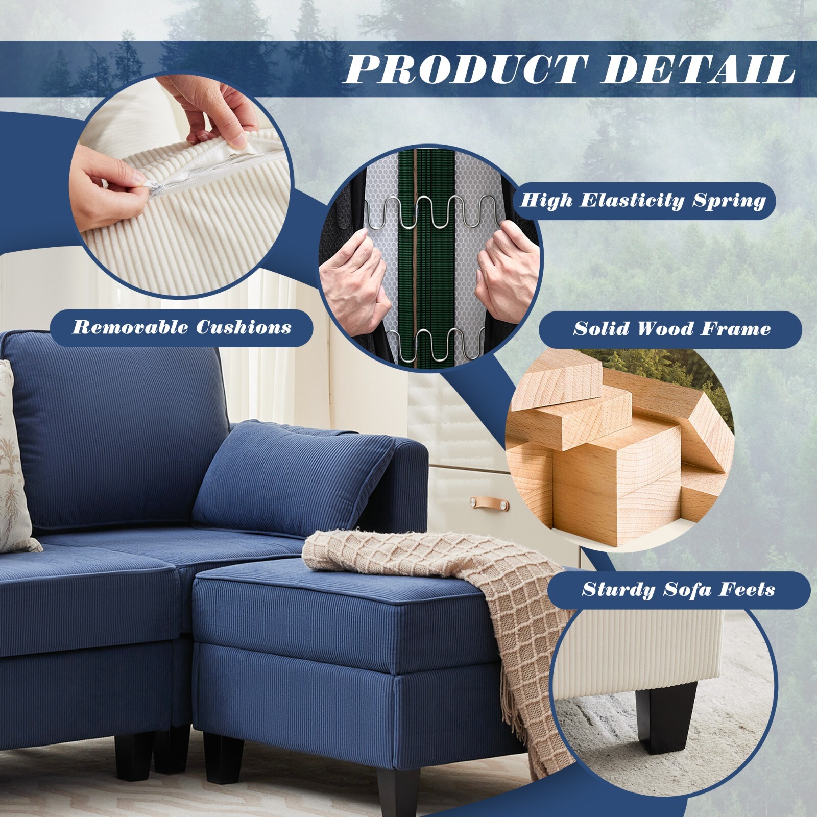 Convertible Sectional Couches W/Storage Chaise, USB Ports, Side Pockets