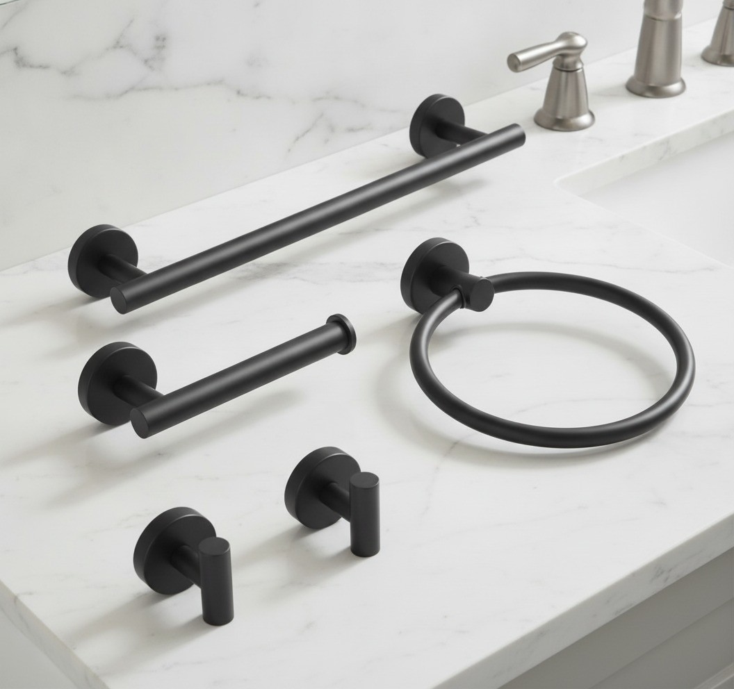 Bathroom Hardware Set, 5 Pc, 16" Black, Towel Bar Ring Holder, Robe Hooks
