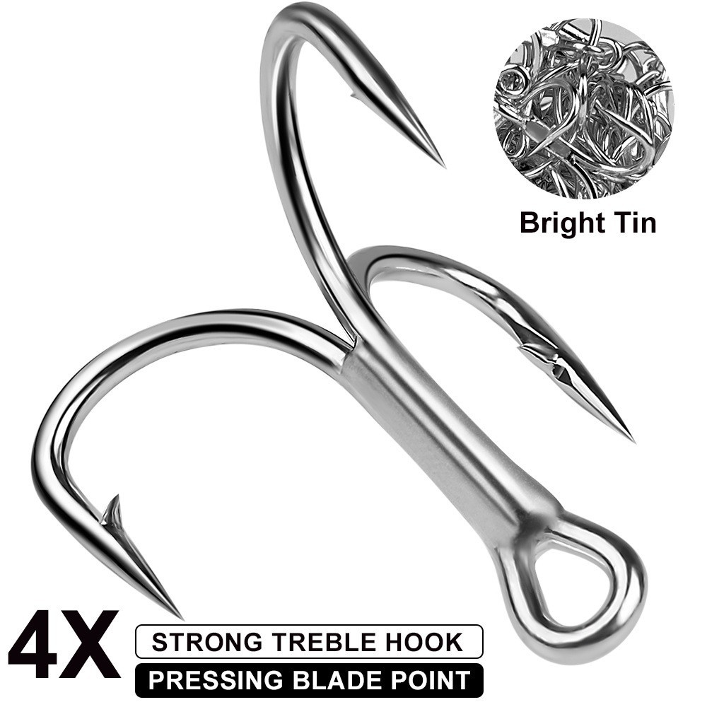 10pcs 4X Strength Fishing Hook High Carbon Steel Silver Triple Lure Hook 4#-5/0#