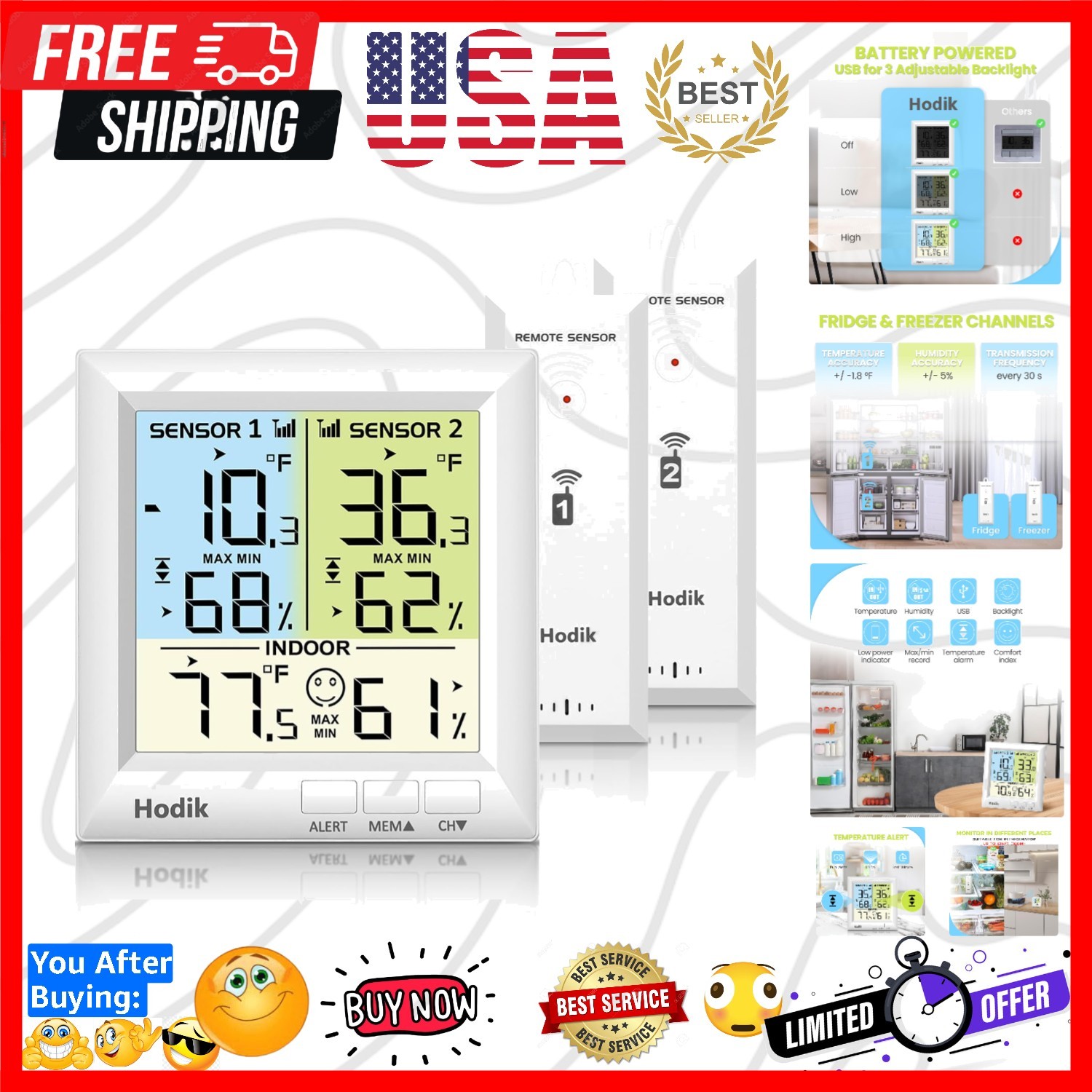 Digital wireless Thermometer, Fridge Freezer Alarm Thermometer Digital with 3...