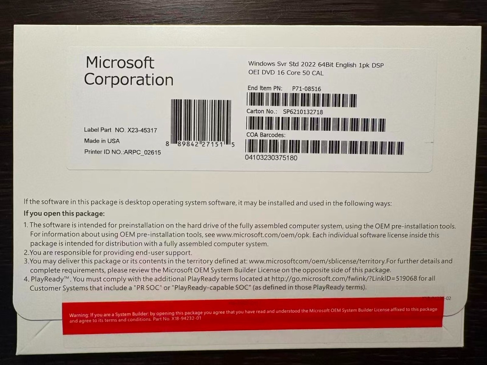 Microsoft Windows Server 2022 Standard 64Bit 16 Core-50 Cal Freeshipping