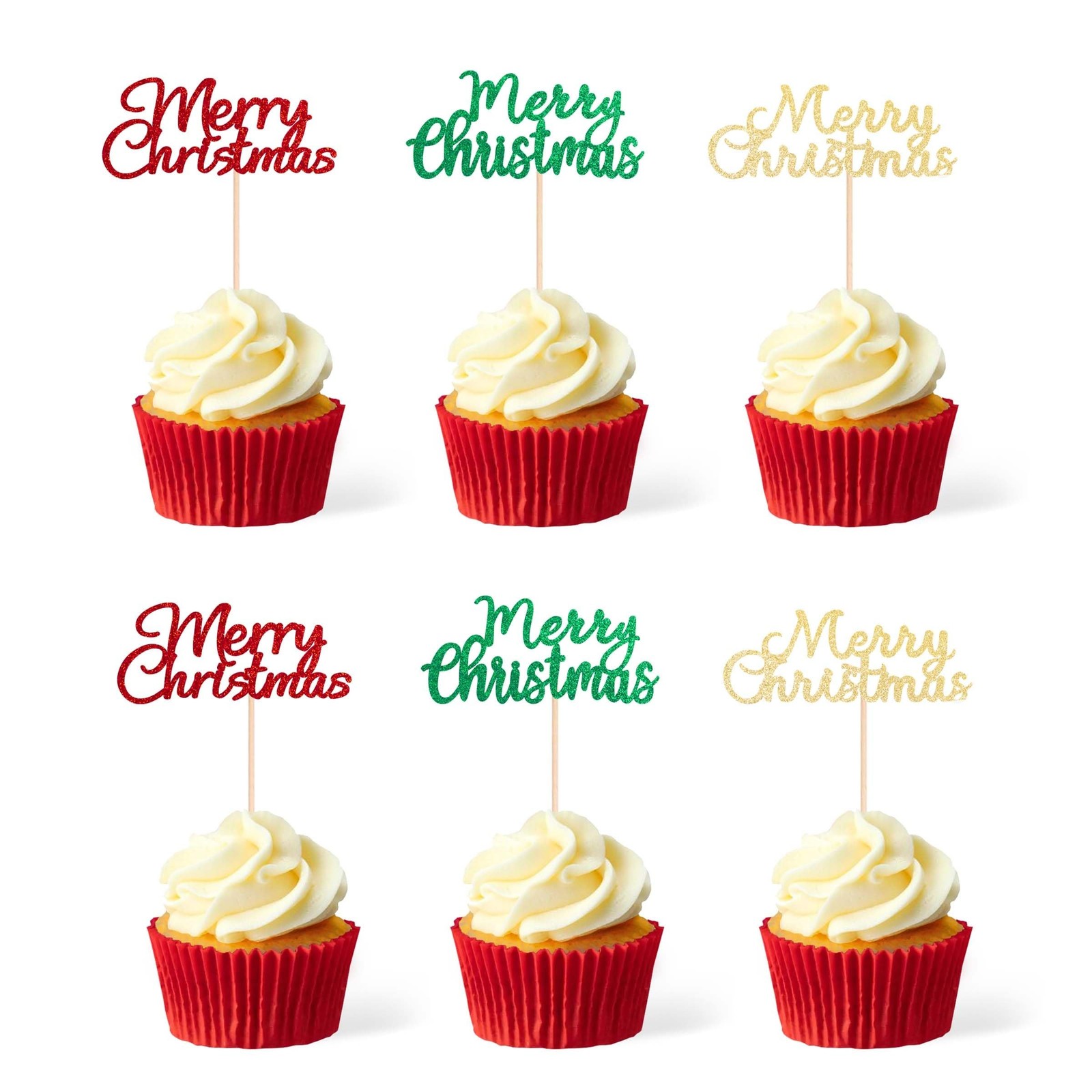 Gexolenu 36 PCS Merry Christmas Cupcake Toppers, Double-sided Glitter Mixcolo...