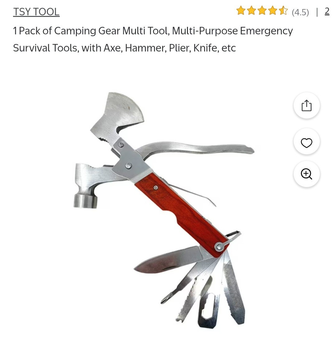 Silver Stainless Steel Multi-Tool Axe Hammer Knife Saw, 7 Tools, Sheath Included