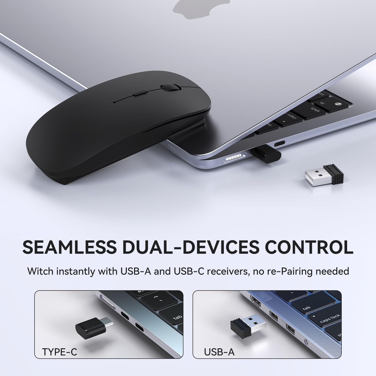 Black Rechargeable USB C Mouse Type C Wireless Mice Portable Optical Quiet Click