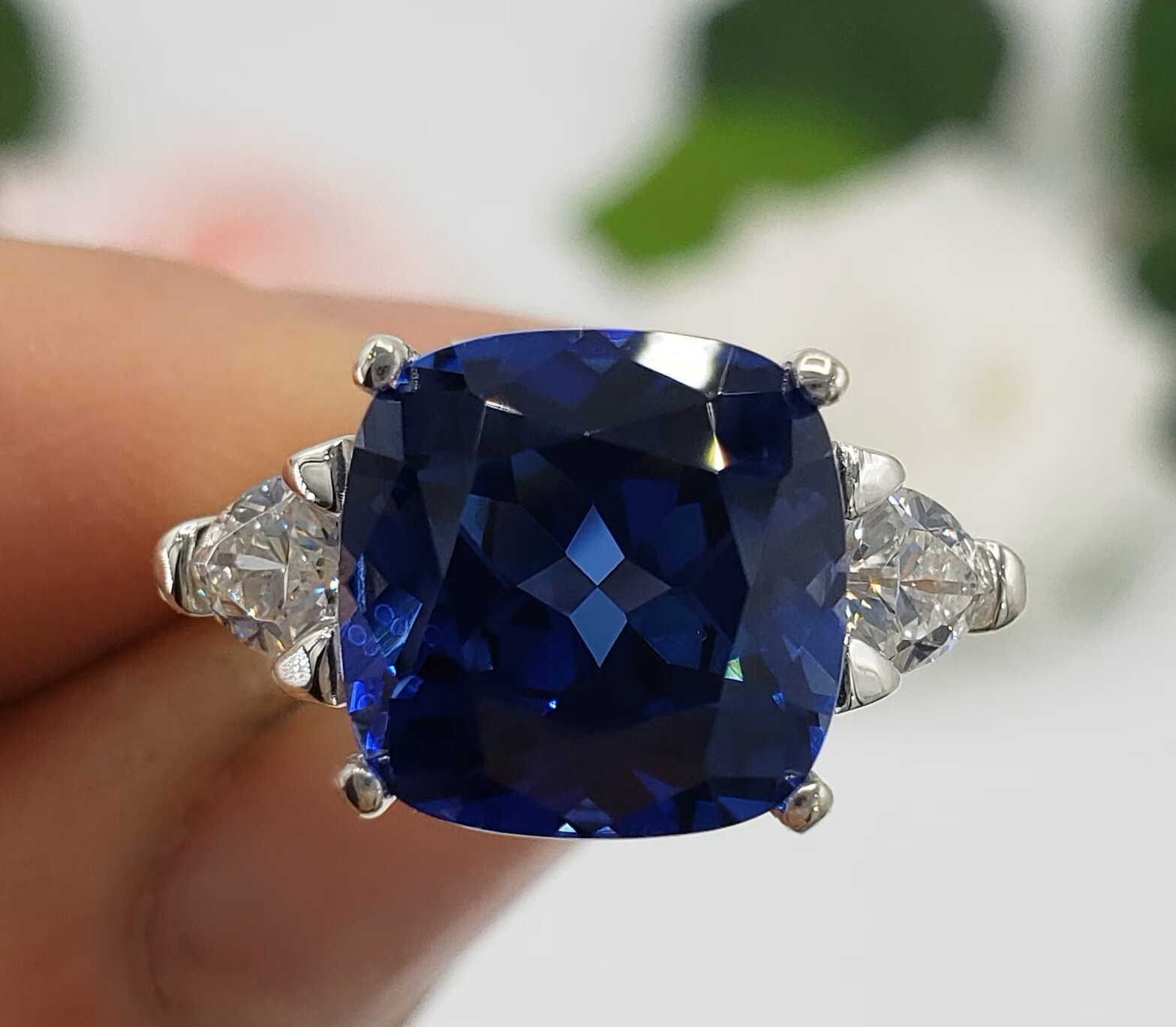 7.50 Ct Cushion Cut Natural Blue Sapphire Diamond Ring 14K White Gold Size 7