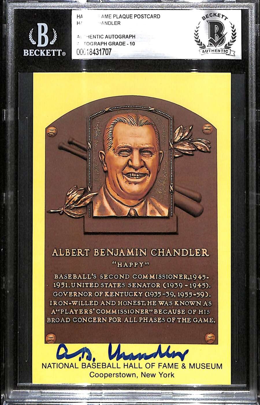 1964-Date Hall of Fame Plaque Happy Chandler  BGS Auto 10 Autograph BAS B102314