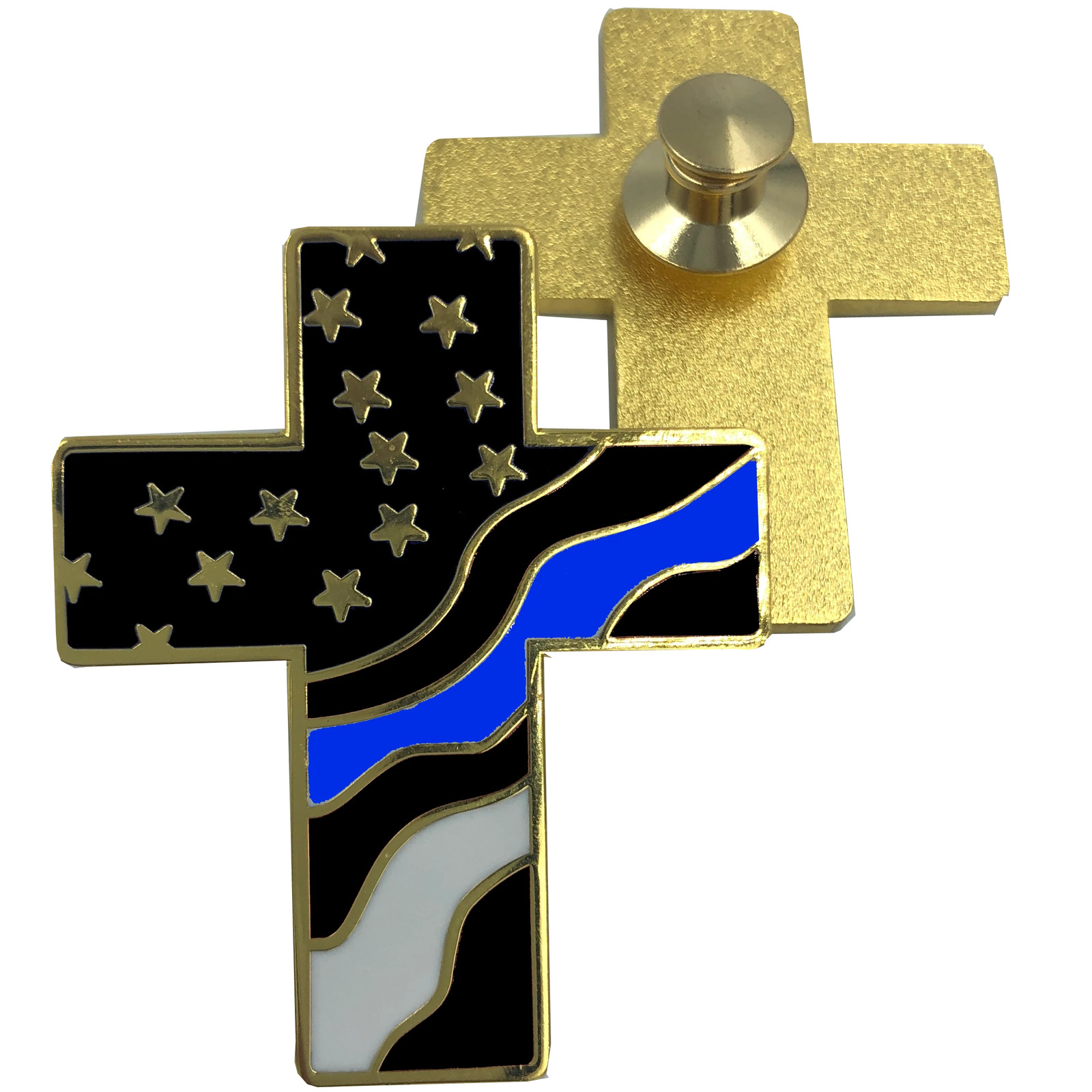 Thin Blue Line American Flag Cross USA Lapel pin Cloisonné Police Sheriff CBP AT
