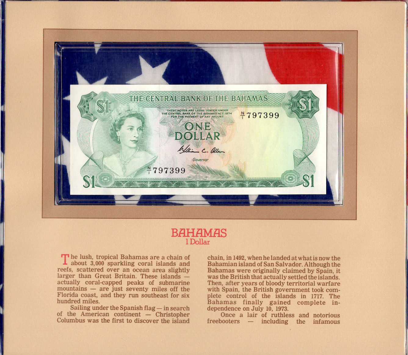 Most Treasured Banknotes Bahamas 1974 1 Dollar P-35b AUNC Prefix N/1 Allen*