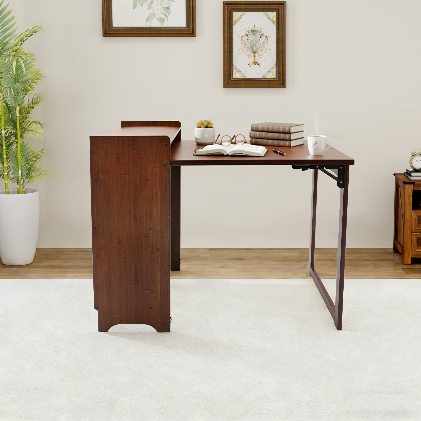 Folding Desk with Storage Shelves, Bookcase with Drop Down Table Hide Away Desk