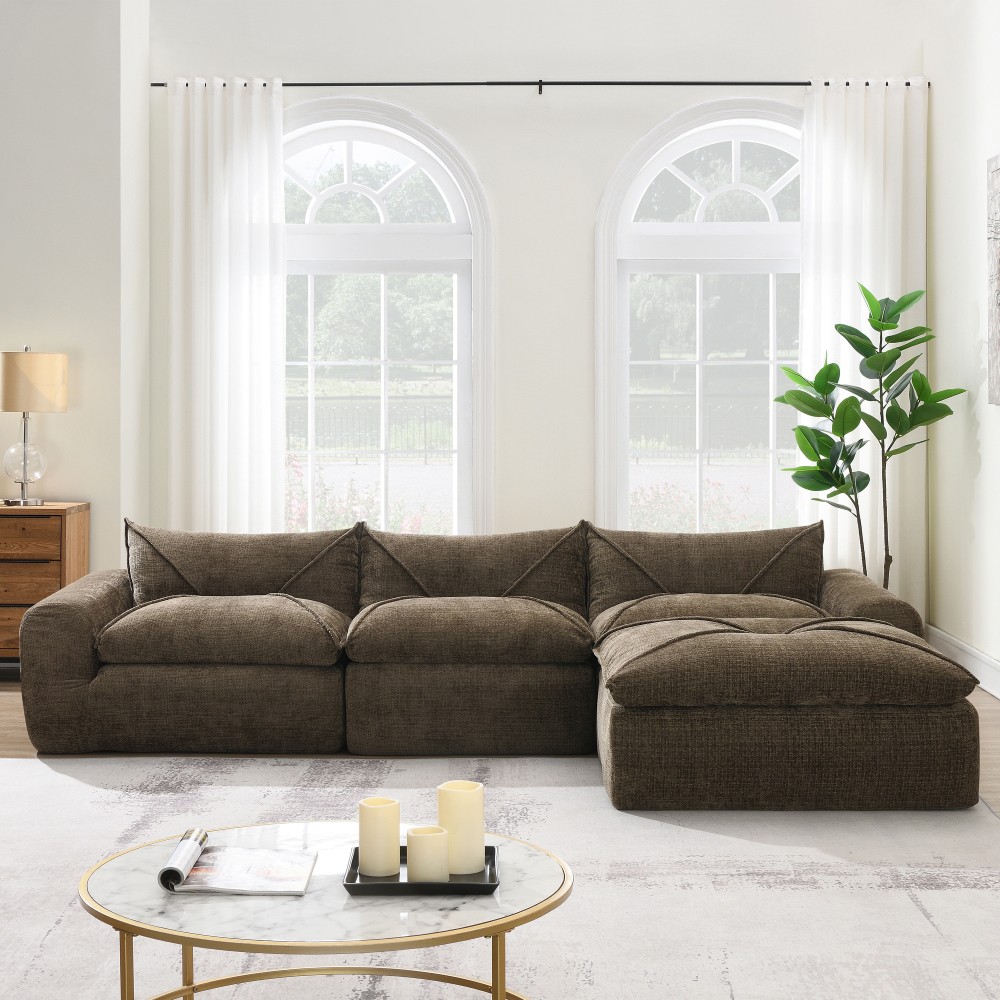 Brown Chenille 4-Seater Sectional Sofa w/Ottoman - No Assembly