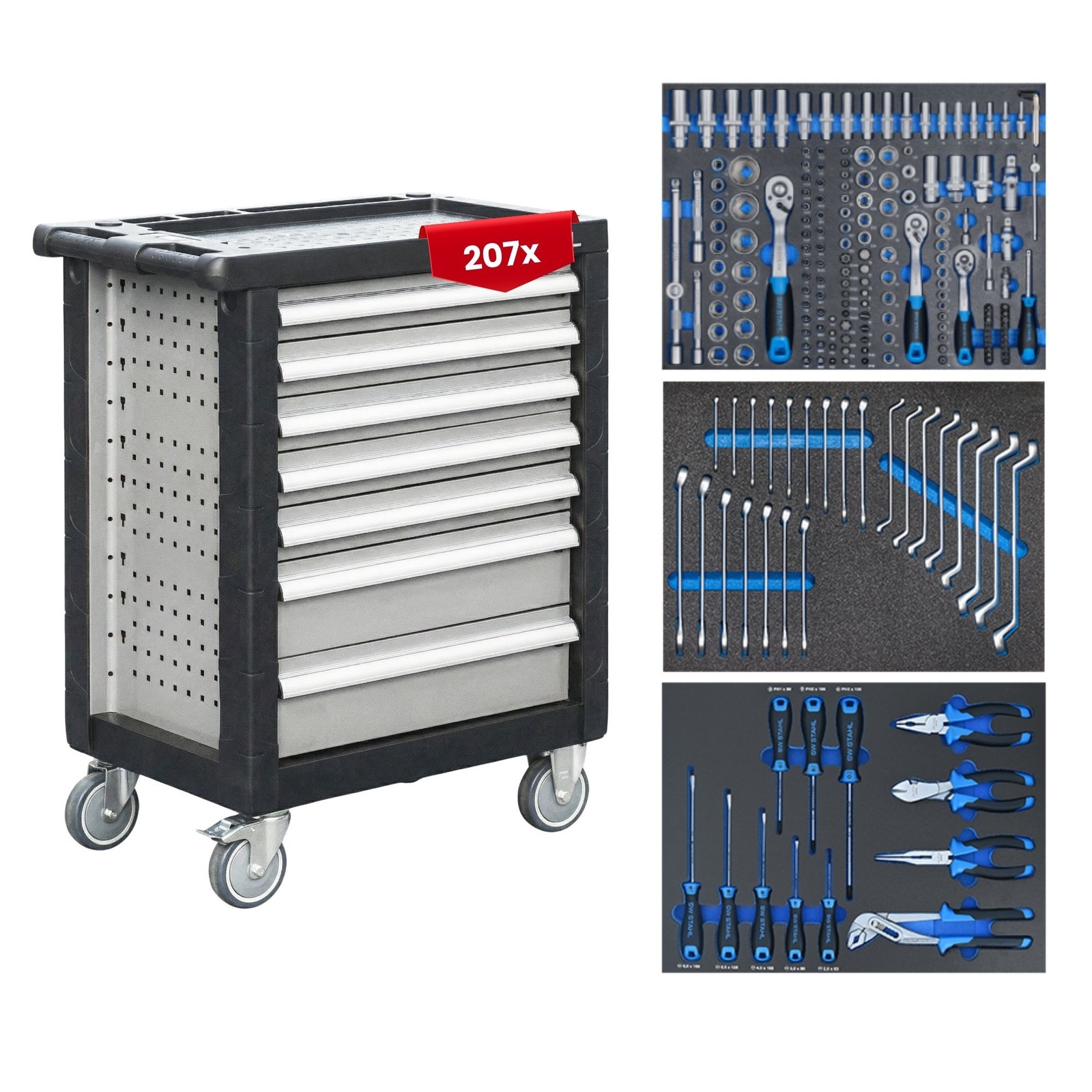 SW Steel Z3703 207pc Workshop Trolley Professional Tool Trolley 7 Drawer Rolling Cart
