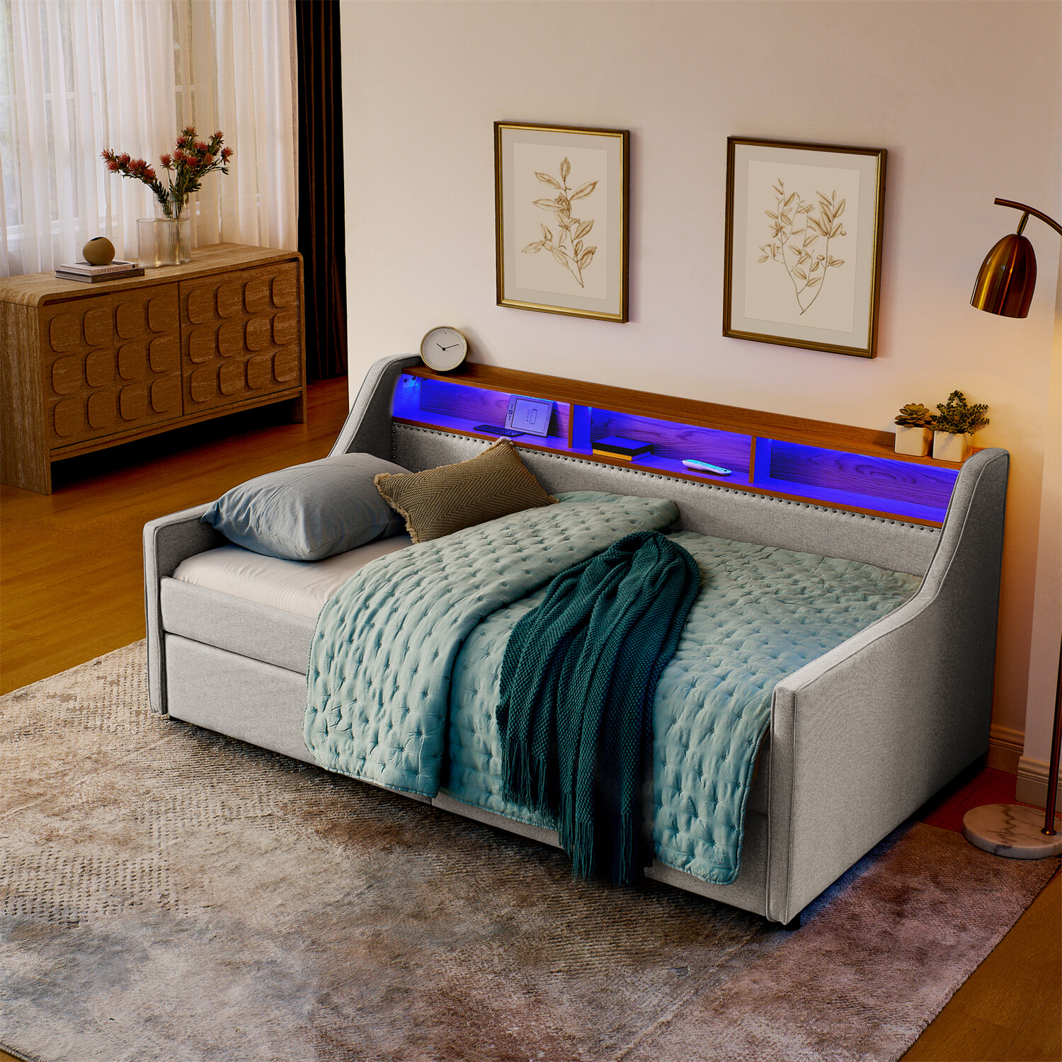 Twin Size Daybed Upholstered Bed Frame Sofa Bed w/ LED Lights & 2 Drawers