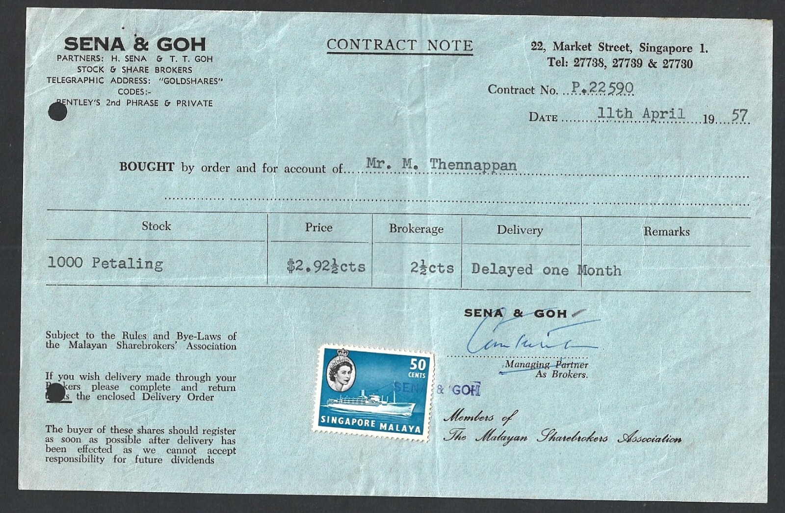 (BL) Singapore 50c on 1957 Contract Note for 1000 shares of Petaling