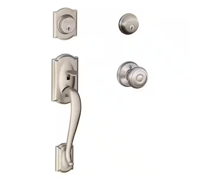 Schlage Camelot Satin Nickel Double Cylinder Door Handleset F62 CAM 619 GEO