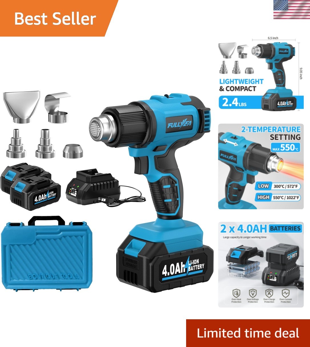 Heat Gun Cordless, Max 1022°F 550°C, Hot Air Gun Kit with 2x4.0Ah Batteries &...