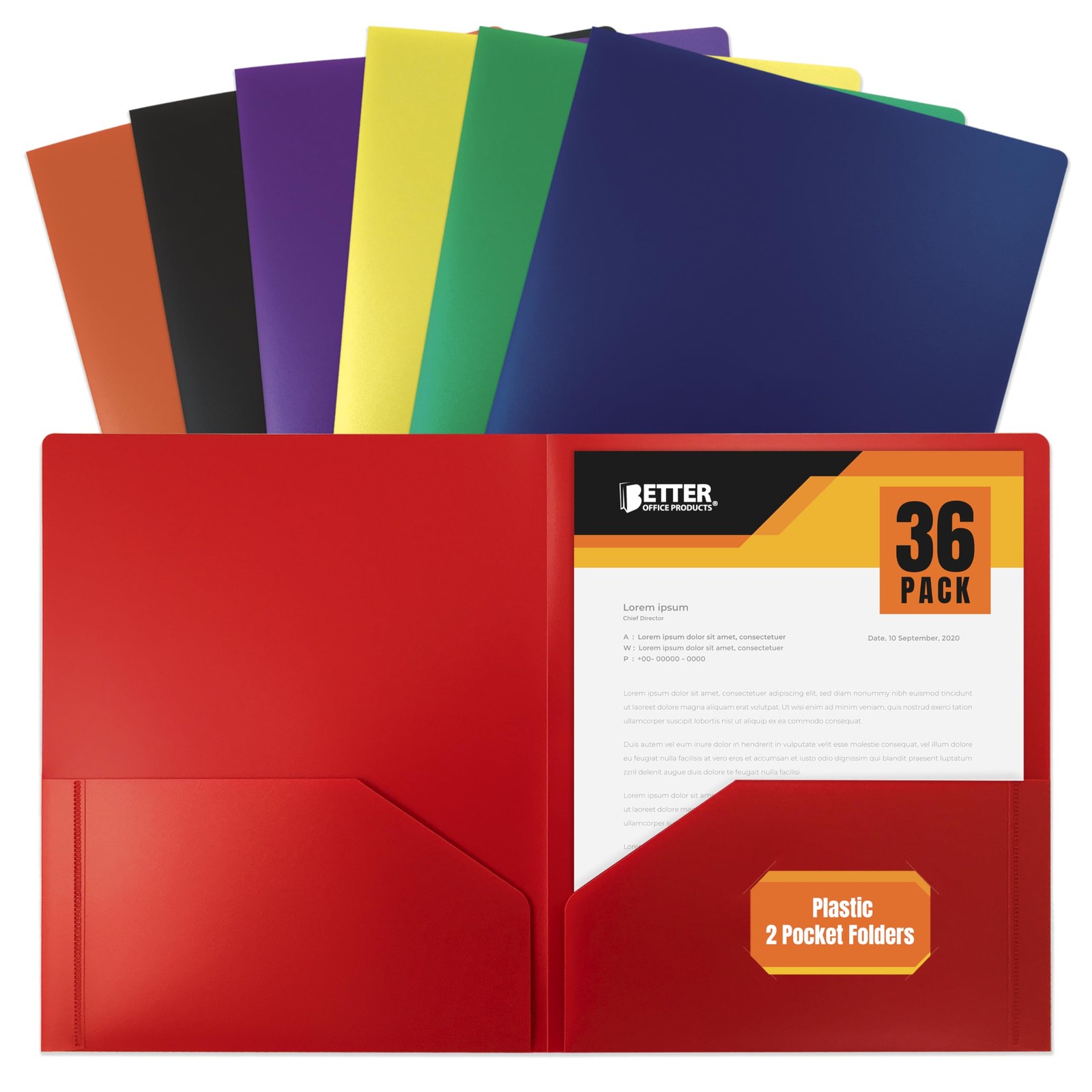 Better Office Products Poly 2 Pocket Folders Heavyweight, 36 Piece Orange