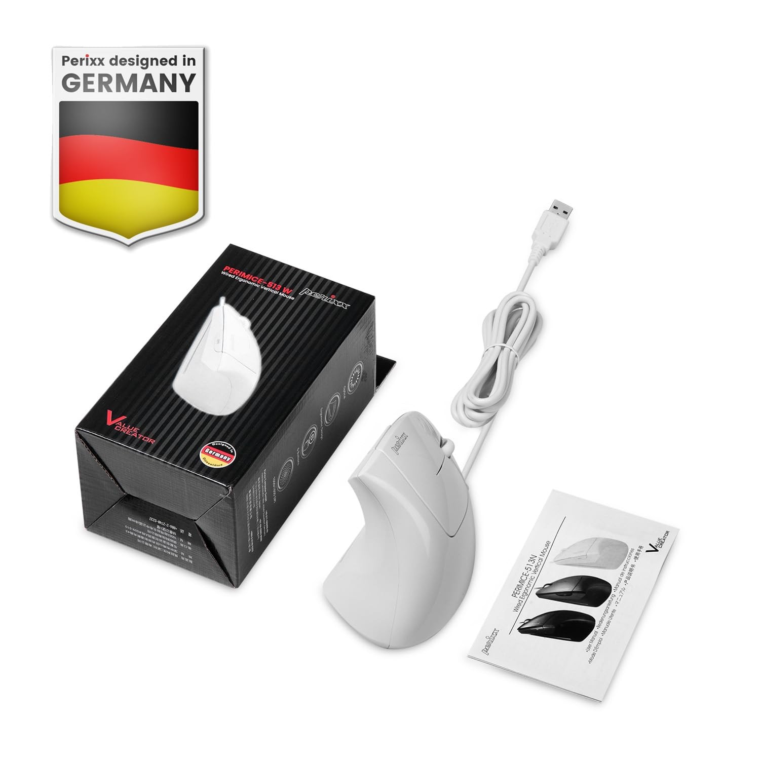 PERIMICE-513W Wired Ergonomic USB Mouse - 6 Buttons with White
