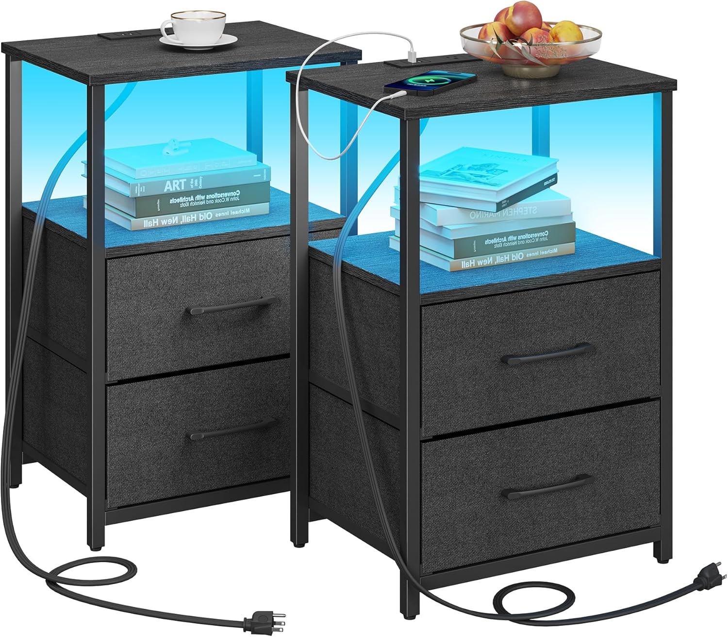 LED End Table W/ Charging Station Nightstand W/ Cloth Drawer Side Table W/ 1 USB