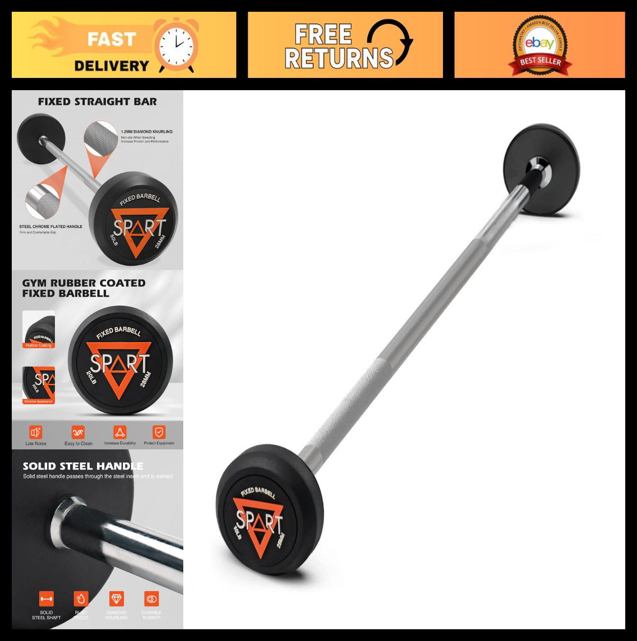 Rubber Coated Fixed Barbell - Pre-Loaded Weights for Strength Training & Bodybui
