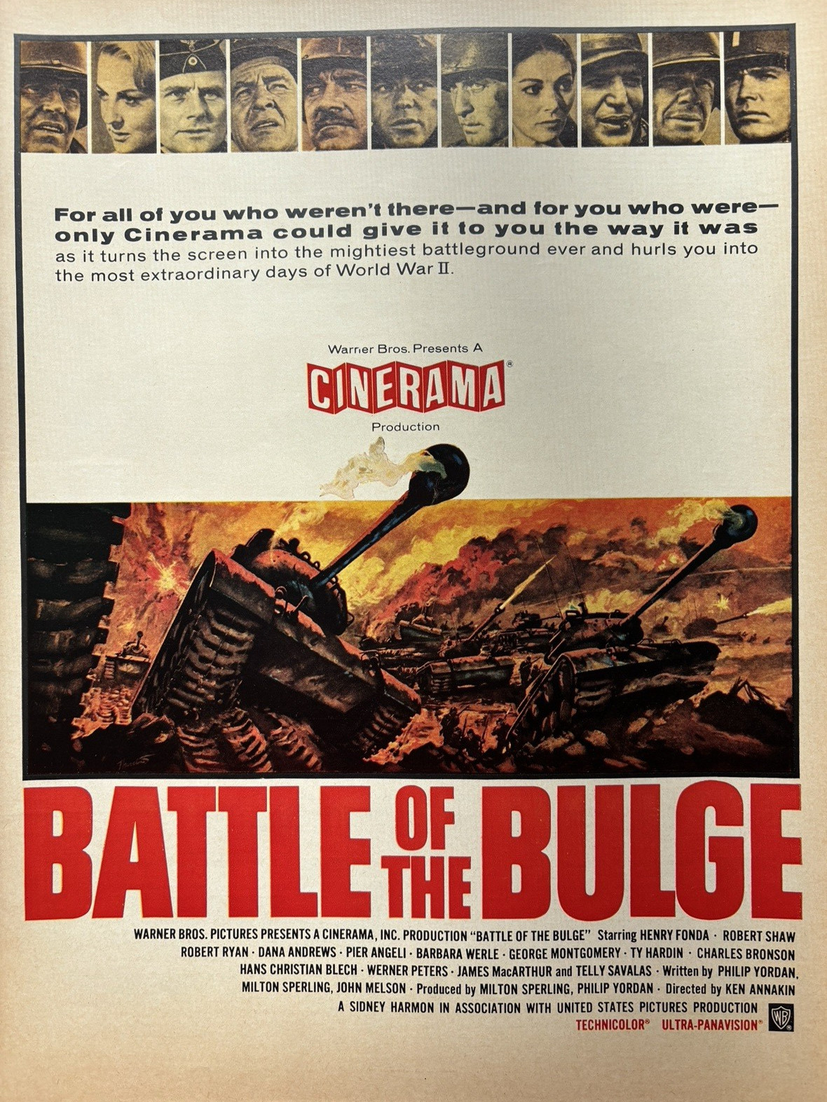 1960s Movie Battle Of The Bulge WWII Warner Bros Cinerama Tank VTG Print Ad